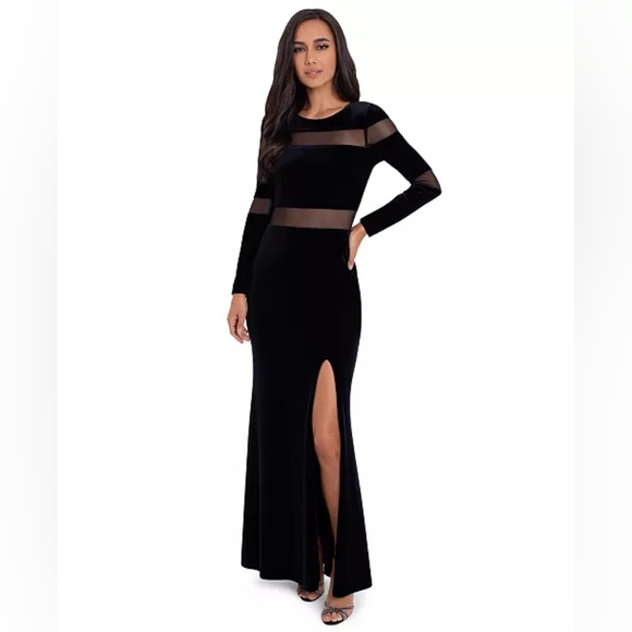 Betsy & Adam Black Velvet illusion mesh inLay maxi gown formal 8 new nwt - Picture 1 of 11